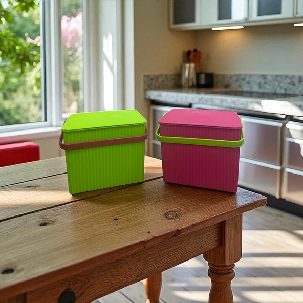 Rainbow 2'li Yeşil Pembe Kare Kova Piknik Sepeti Meyve Kovası - 2