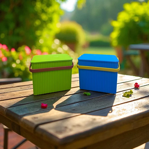 Rainbow 2'li Yeşil Mavi Kare Kova Piknik Sepeti Meyve Kovası - 2