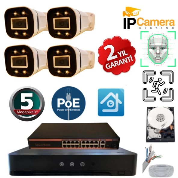 5MP 1440p Warm Led 4 Kameralı 1 TB Harddisk Dahil IP Poe Güvenlik Kamerası Seti - ST-541TW