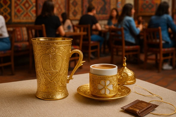 Yonca Altın Renk Porselenli Motifli Fincan ve Zamak Desenli (6.5cmx8.5cm) Bardak Sunum Seti - 3