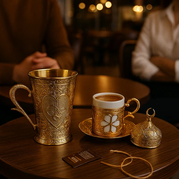 Yonca Altın Renk Porselenli Motifli Fincan ve Zamak Desenli (6.5cmx8.5cm) Bardak Sunum Seti