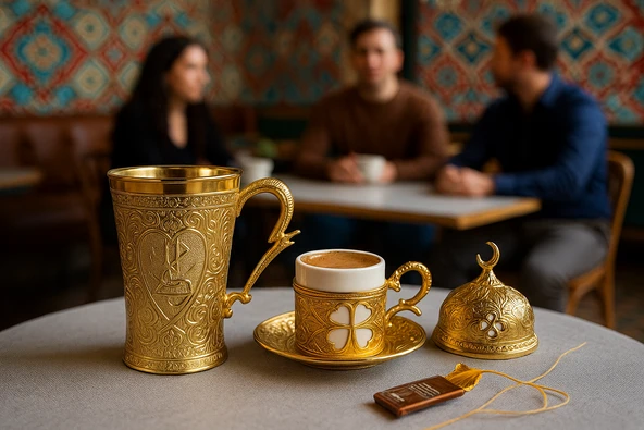 Yonca Altın Renk Porselenli Motifli Fincan ve Zamak Desenli (6.5cmx8.5cm) Bardak Sunum Seti - 2