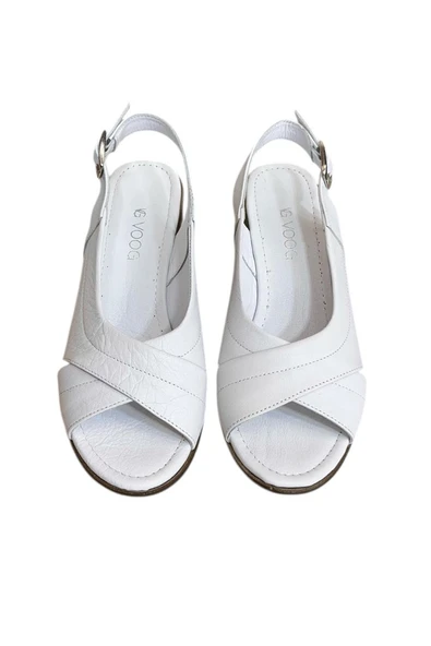 Beyaz Hakiki Deri Çapraz Bantlı Comfort Taban Topuklu Sandalet - 2