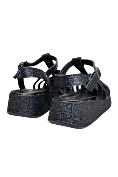 Siyah Hakiki Deri Bant Detaylı Bilekten Bağlı Comfort Taban Sandalet - 3