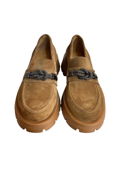 Camel Hakiki Deri Kalın Taban Loafer - 3
