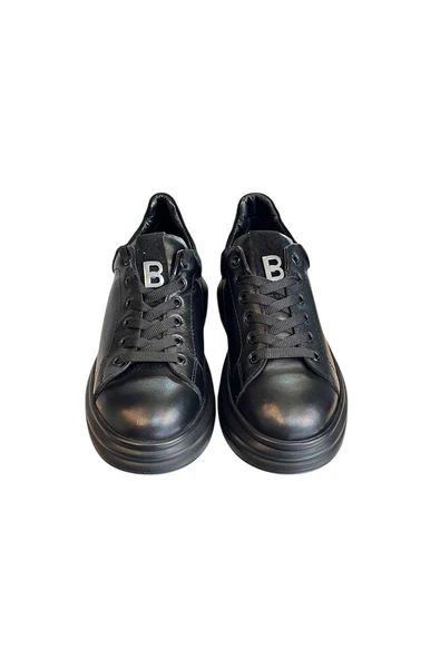 Siyah Hakiki Deri Kalın Taban Bağcıklı Sneaker - 2