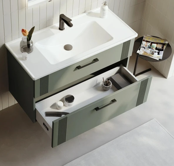 Orka Bari 85 cm Mat Yeşil Banyo Dolabı Alt Modül ve Lavabo - 2