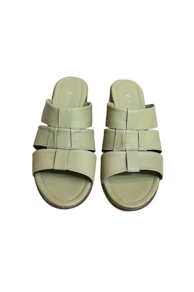 Yeşil Hakiki Deri Bant Detaylı Topuklu Comfort Taban Terlik - 2