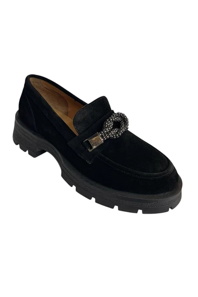 Siyah Hakiki Süet Deri Kalın Taban Loafer - 2