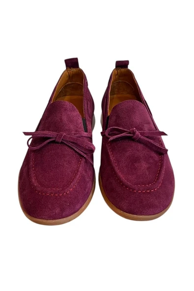 Mor Hakiki Deri Süet Fiyonk Detay Comfort Taban Loafer - 2
