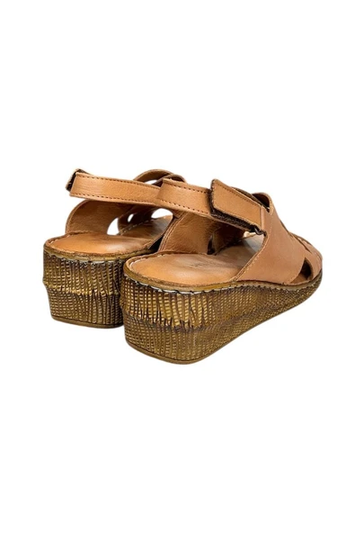 Taba Hakiki Deri Çapraz Bantlı Puf Taban Hafif Comfort Sandalet - 3