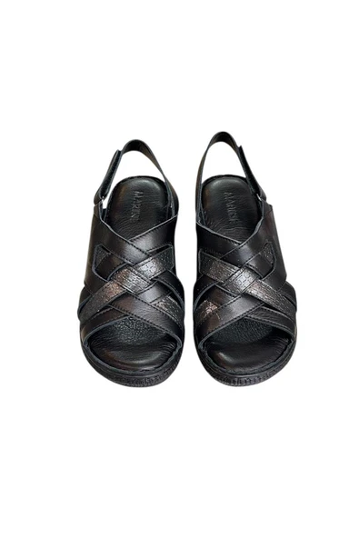 Siyah Hakiki Deri Çapraz Bantlı Puf Taban Hafif Comfort Sandalet - 2