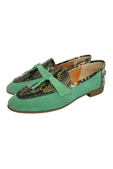Yeşil Hakiki Süet Deri Yılan Baskı Loafer - 3