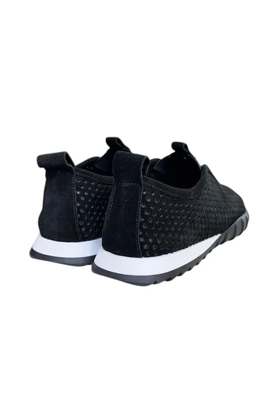 Siyah Hakiki Deri Süet Delikli Comfort Taban Spor Ayakkabı - 3