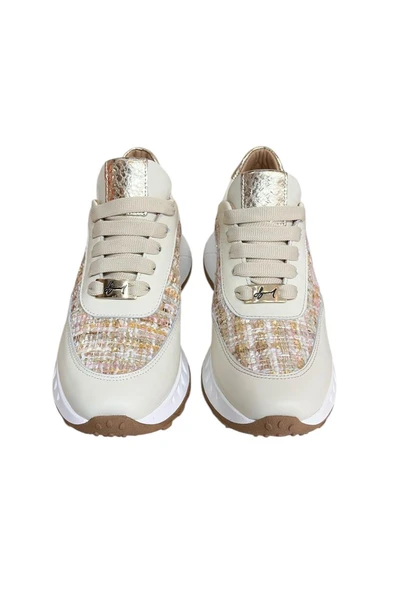 Krem Hakiki Deri  Hasır Desenli Comfort Taban Bağcıklı Sneaker - 2
