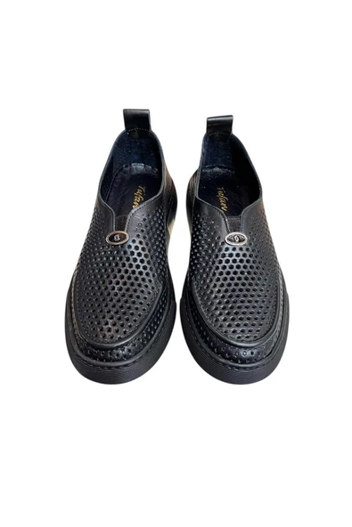 Siyah Hakiki Deri Delikli Hafif Comfort Taban Sneaker - 2