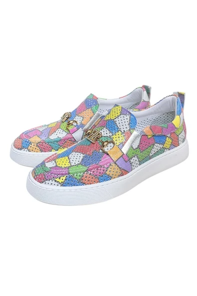 Renkli Hakiki Deri Taşlı Toka Detaylı Ultra Hafif Sneaker - 4