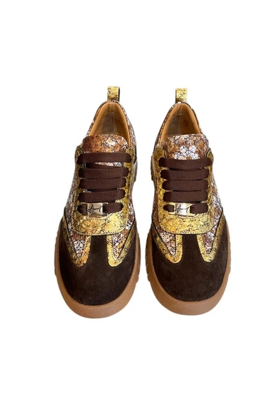Kahve Hakiki Deri Desenli Comfort Taban Bağcıklı Sneaker - 2