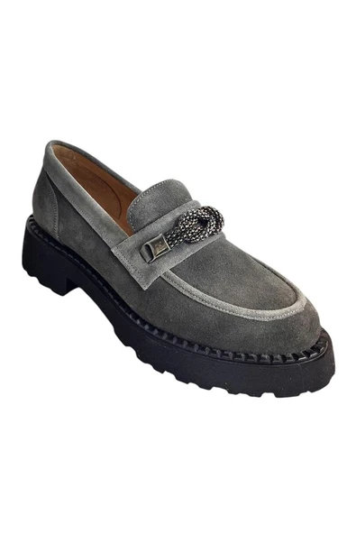 Gri Hakiki Süet Deri Kalın Taban Loafer - 2