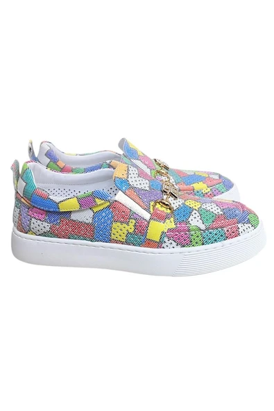 Renkli Hakiki Deri Taşlı Toka Detaylı Ultra Hafif Sneaker