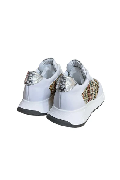 Beyaz Hakiki Deri  Hasır Desenli Comfort Taban Bağcıklı Sneaker - 3