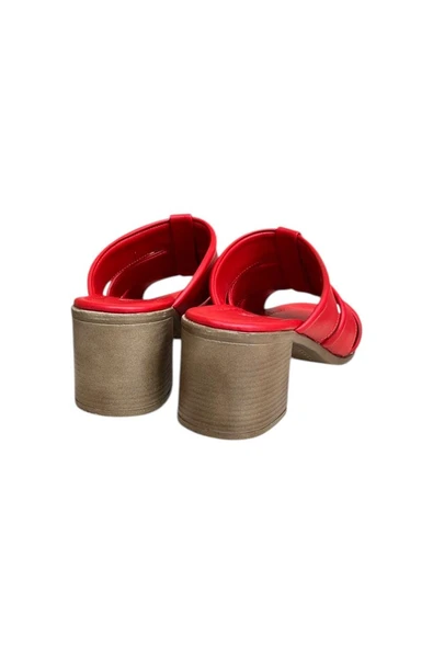 Kırmızı Hakiki Deri Bant Detaylı Topuklu Comfort Taban Terlik - 4