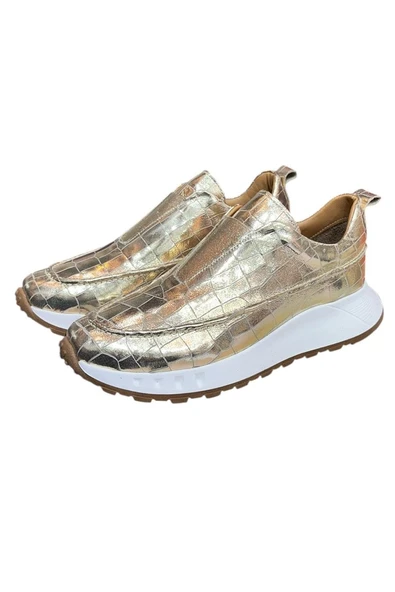 Gold Hakiki Deri Krokodil Desen Comfort Taban Sneaker - 4