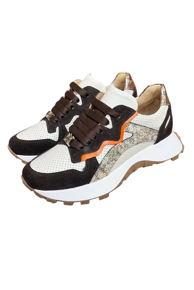 Krem Hakiki Deri Kahve Garnili Comfort Taban Bağcıklı Sneaker - 4