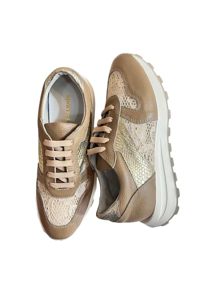 Bej Hakiki Deri Dantel Detay Comfort Taban Sneaker - 4