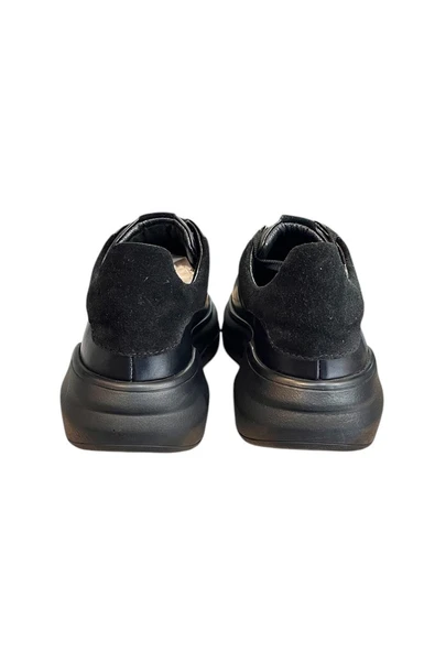 Siyah Hakiki Deri Kalın Taban Bağcıklı Sneaker - 3