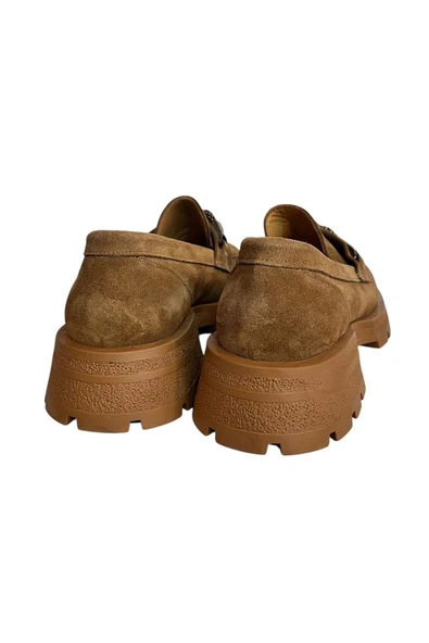 Camel Hakiki Deri Kalın Taban Loafer - 4