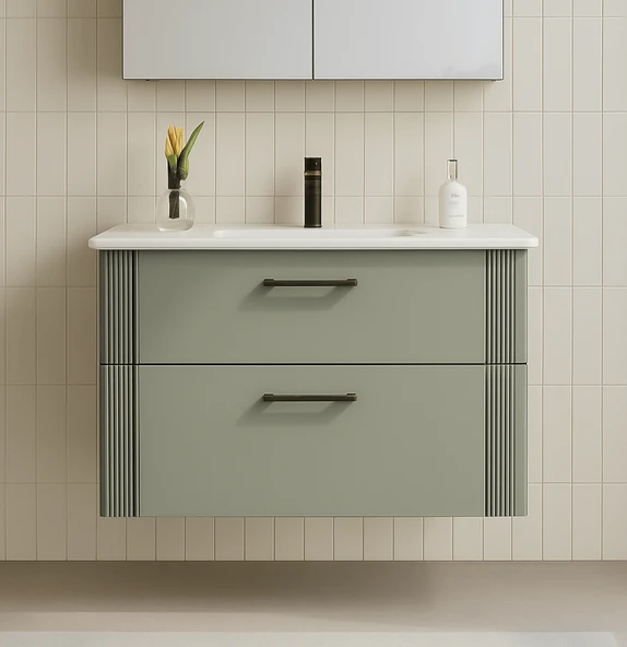 Orka Bari 85 cm Mat Yeşil Banyo Dolabı Alt Modül ve Lavabo