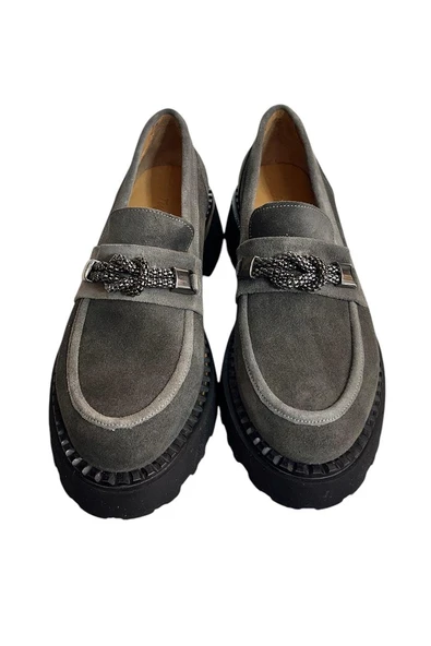 Gri Hakiki Süet Deri Kalın Taban Loafer - 3
