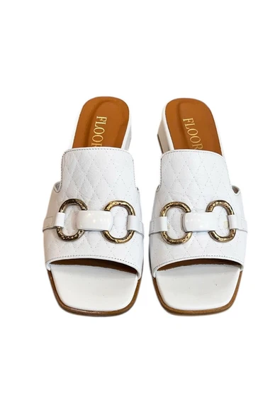 Beyaz Hakiki Deri Tek Bant Üzeri Toka Detaylı Topuklu Terlik - Resim 2