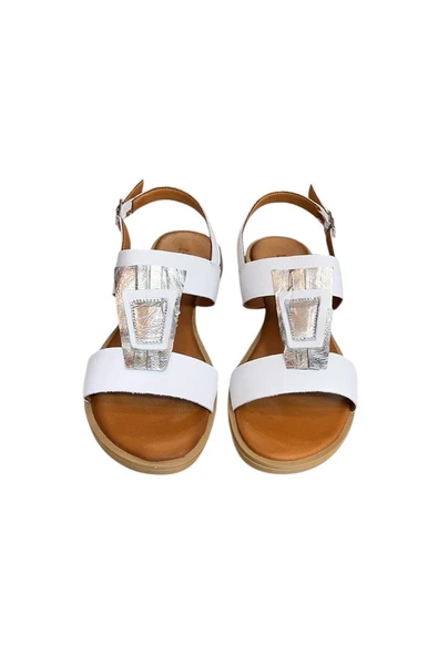 Beyaz Hakiki Deri Çift Bantlı Yumuşak Taban Comfort Sandalet - 2