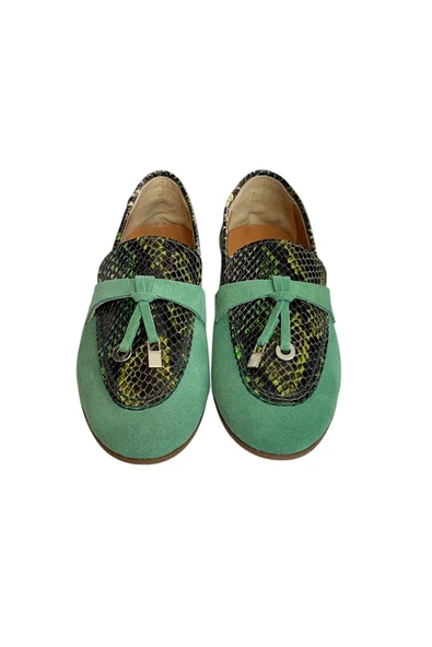 Yeşil Hakiki Süet Deri Yılan Baskı Loafer - 2