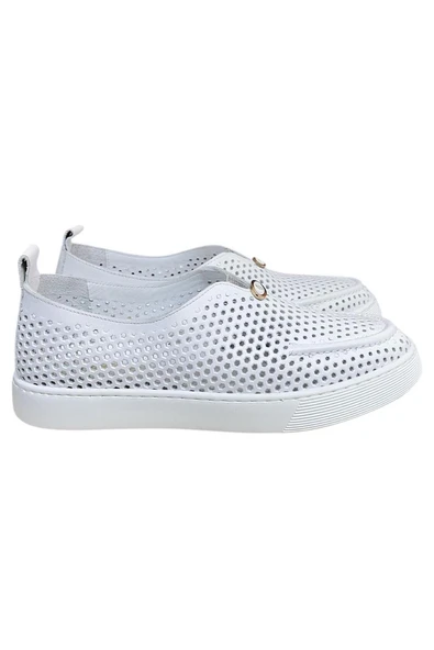 Beyaz Hakiki Deri Delikli Hafif Comfort Taban Sneaker - 1