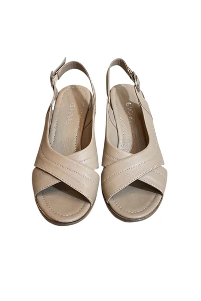 Vizon Hakiki Deri  Çapraz Bantlı Comfort Taban Topuklu Sandalet - 2