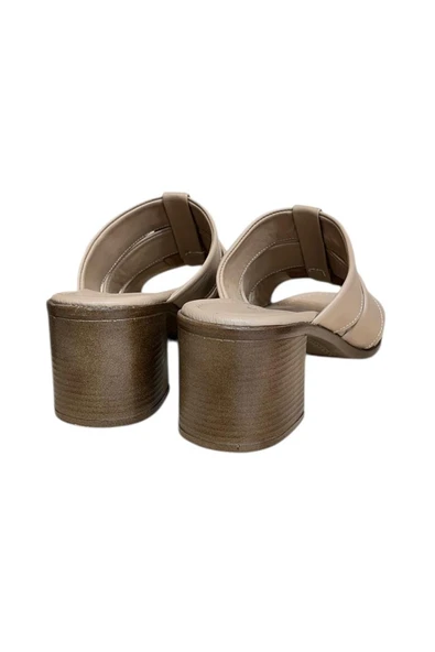 Bej Hakiki Deri Bant Detaylı Topuklu Comfort Taban Terlik - 3