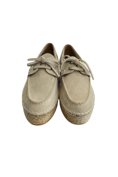 Bej Hakiki Süet Hasır Taban Bağlı Loafer - 3