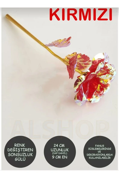 1 adet kırmızı sonsuzluk Gülü rengarenk hologramli 24 cm