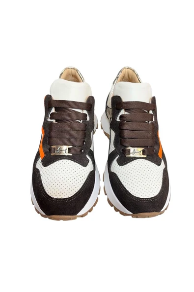 Krem Hakiki Deri Kahve Garnili Comfort Taban Bağcıklı Sneaker - 2