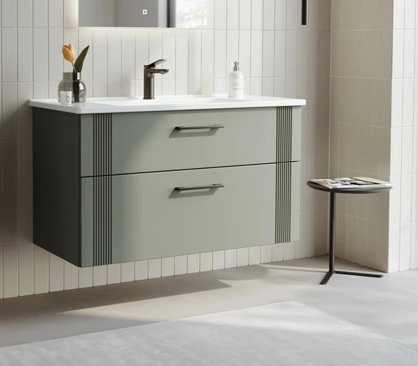 Orka Bari 85 cm Mat Yeşil Banyo Dolabı Alt Modül ve Lavabo - 3