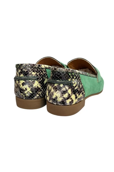 Yeşil Hakiki Süet Deri Yılan Baskı Loafer - 4