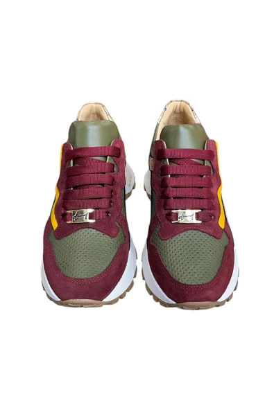 Yeşil Hakiki Deri Bordo Garnili Comfort Taban Bağcıklı Sneaker - 2
