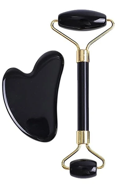 Fontenay Cilt Bakım Seti Doğal Taş, Faceroller ve Siyah Kalp GuaSha Masaj Taşı 2 li