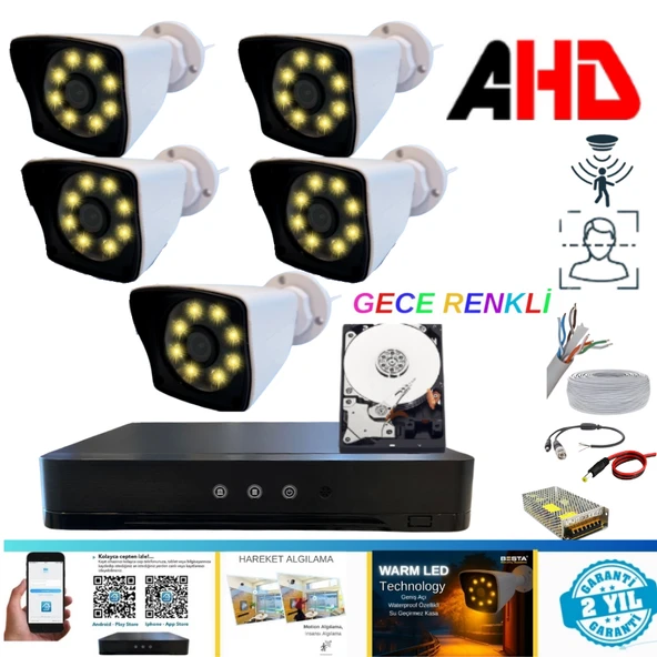 5 KAMERALI 5MP LENS 1080P WARM LED GECE RENKLİ 320 GB HDD DAHİL GÜVENLİK SETİ - 25320W