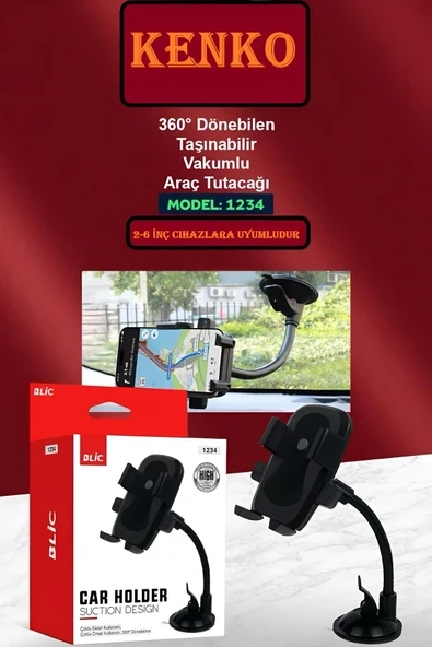 360C Dönebilen Taşınabilir Vakumlu Araç Tutacağı