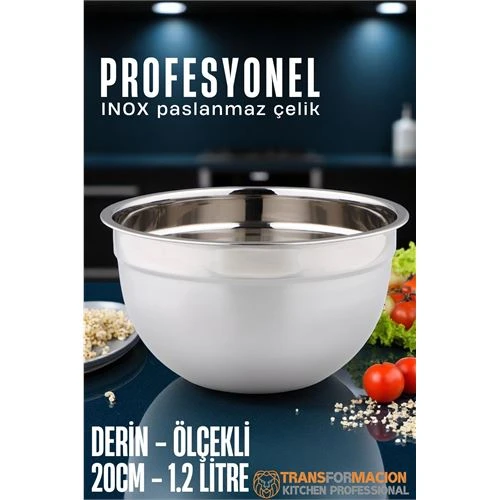 Modacar Inox Ölçekli Derin Kase  - 20 Cm 1.2 Litre Karıştırma Kabı Profesyonel 304 Paslanmaz Çelik