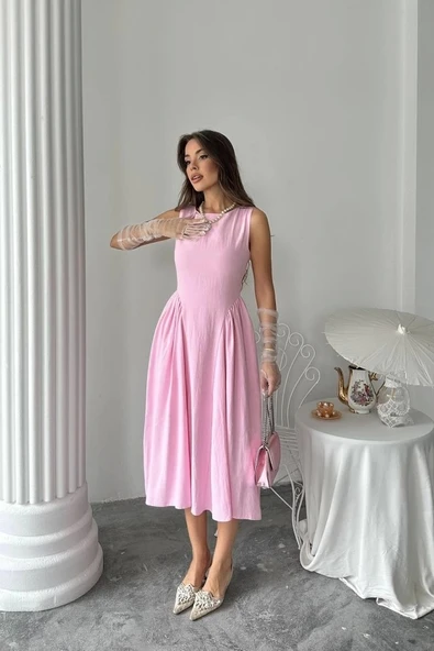 Pembe Yanları Büzgülü Midi Boy Keten Elbise - 3